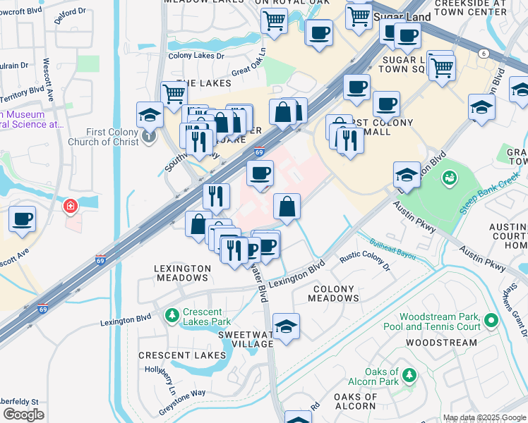map of restaurants, bars, coffee shops, grocery stores, and more near 16659 Southwest Freeway in Sugar Land