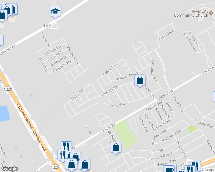 map of restaurants, bars, coffee shops, grocery stores, and more near 7818 Saratoga Knoll in Schertz