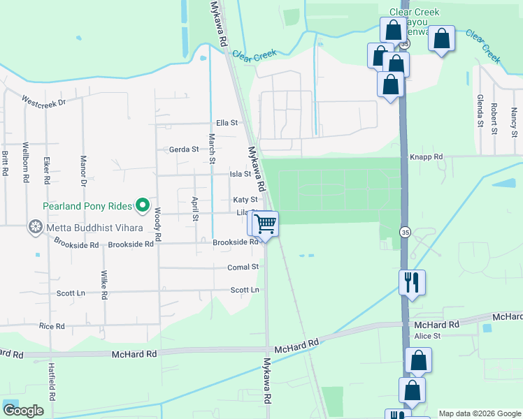 map of restaurants, bars, coffee shops, grocery stores, and more near 1302 Mykawa Road in Pearland