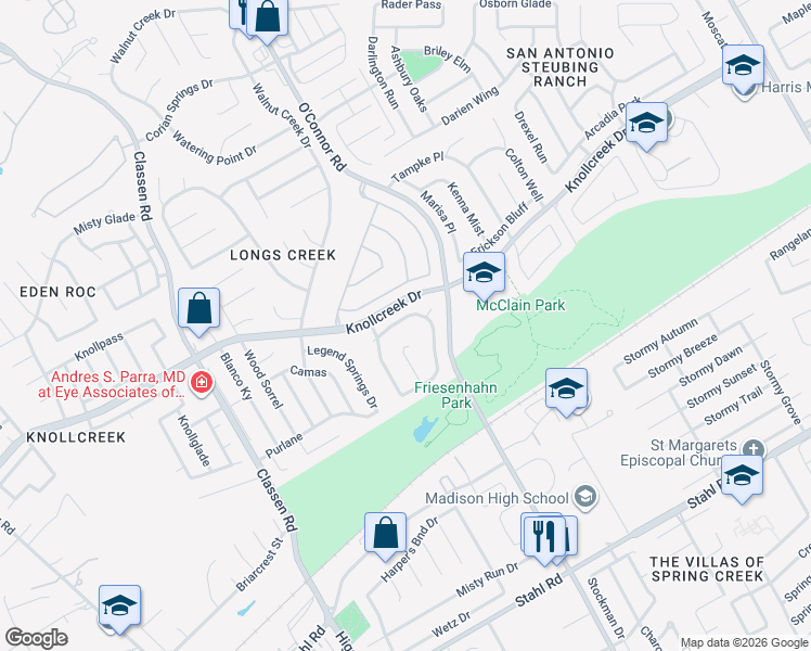 map of restaurants, bars, coffee shops, grocery stores, and more near 15435 Canteen Creek Drive in San Antonio