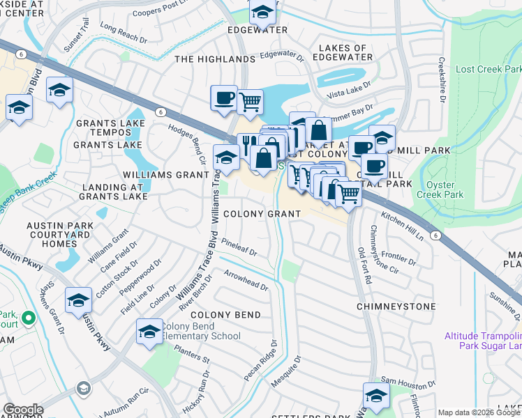 map of restaurants, bars, coffee shops, grocery stores, and more near in Sugar Land