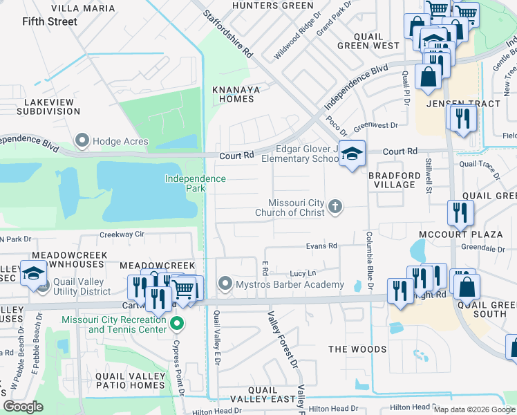 map of restaurants, bars, coffee shops, grocery stores, and more near 2014 Deer Meadow Drive in Missouri City