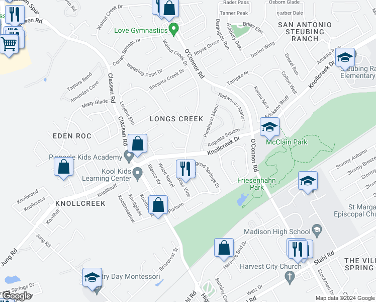 map of restaurants, bars, coffee shops, grocery stores, and more near 15702 Walnut Creek Drive in San Antonio