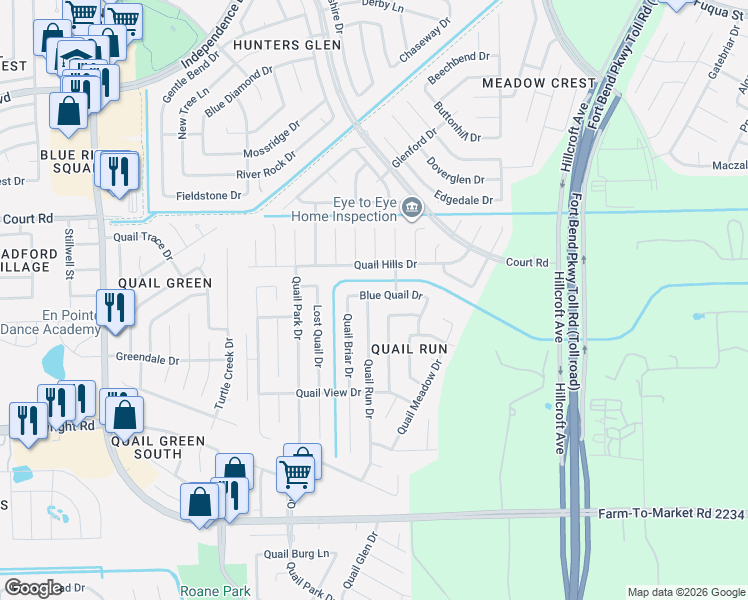 map of restaurants, bars, coffee shops, grocery stores, and more near 8347 Quail Shot Drive in Missouri City