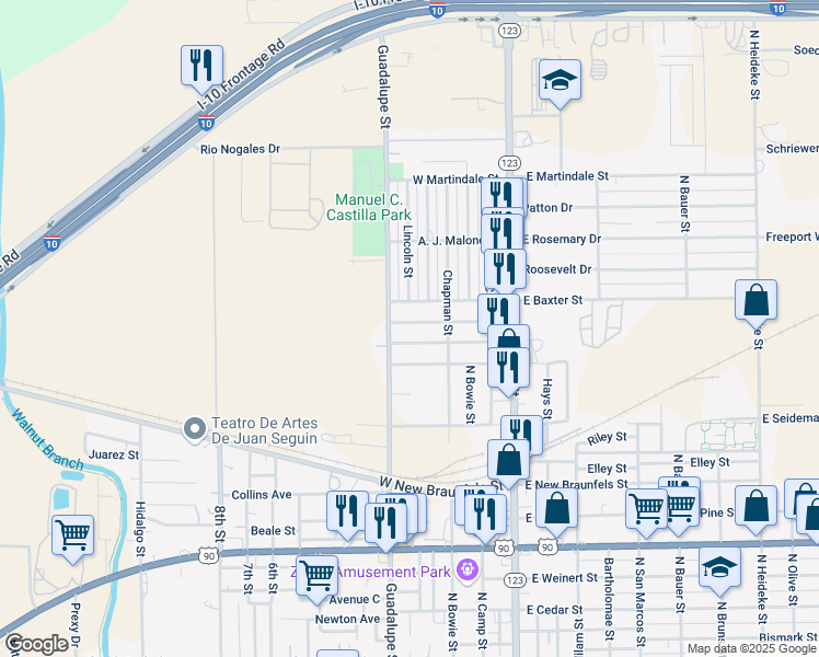 map of restaurants, bars, coffee shops, grocery stores, and more near 1917 North Guadalupe Street in Seguin