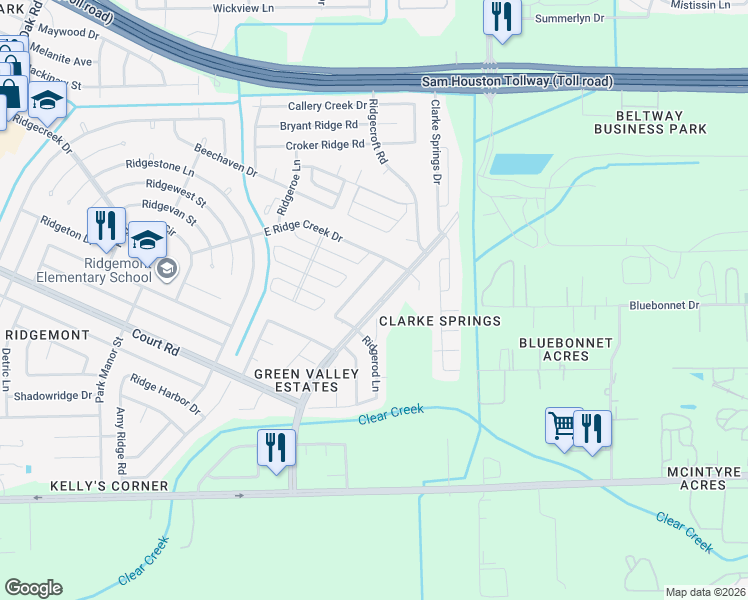 map of restaurants, bars, coffee shops, grocery stores, and more near 15922 Bunker Ridge Road in Houston