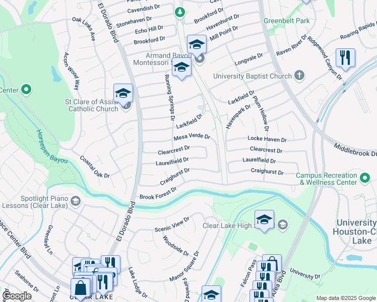 map of restaurants, bars, coffee shops, grocery stores, and more near 15923 Clearcrest Drive in Houston