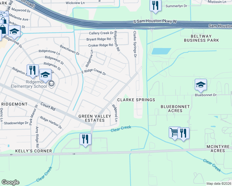 map of restaurants, bars, coffee shops, grocery stores, and more near 15922 Bunker Ridge Road in Houston