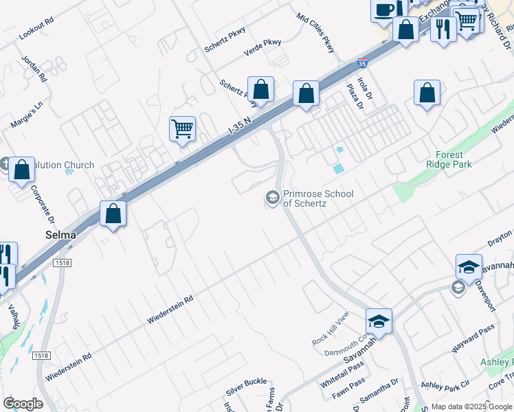 map of restaurants, bars, coffee shops, grocery stores, and more near 1759-1763 Schertz Parkway in Schertz