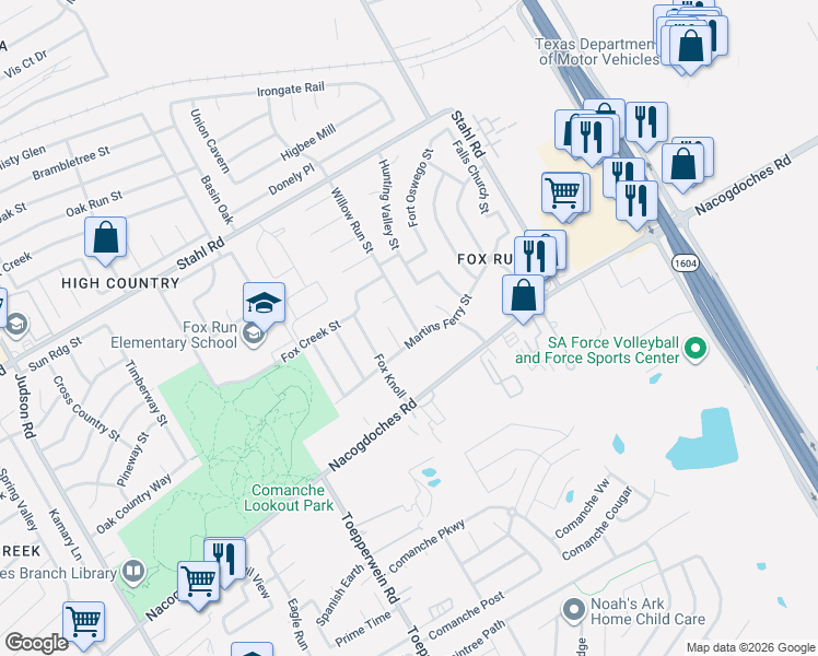 map of restaurants, bars, coffee shops, grocery stores, and more near 16519 Willow Run Street in San Antonio