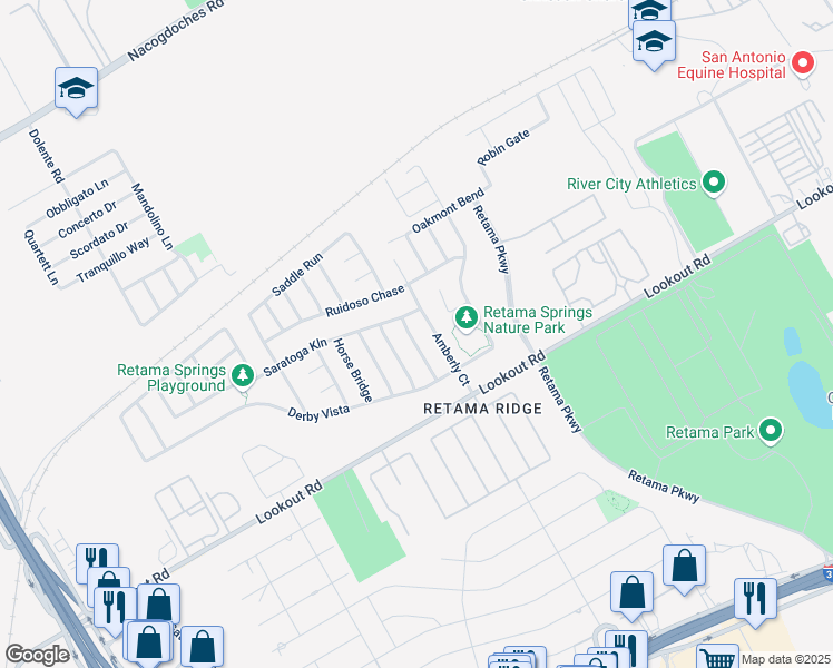 map of restaurants, bars, coffee shops, grocery stores, and more near 16323 Amberly Court in Selma