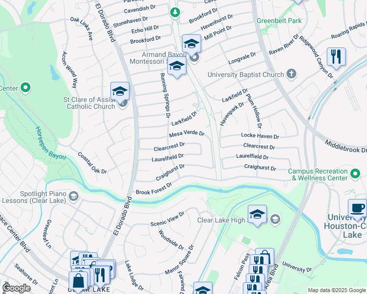 map of restaurants, bars, coffee shops, grocery stores, and more near 15923 Clearcrest Drive in Houston