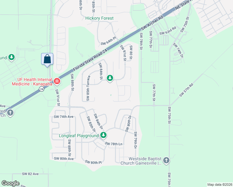 map of restaurants, bars, coffee shops, grocery stores, and more near 7109 Southwest 81st Drive in Gainesville