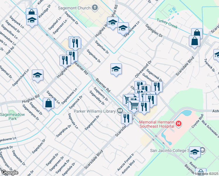 map of restaurants, bars, coffee shops, grocery stores, and more near 12355 Beamer Road in Houston