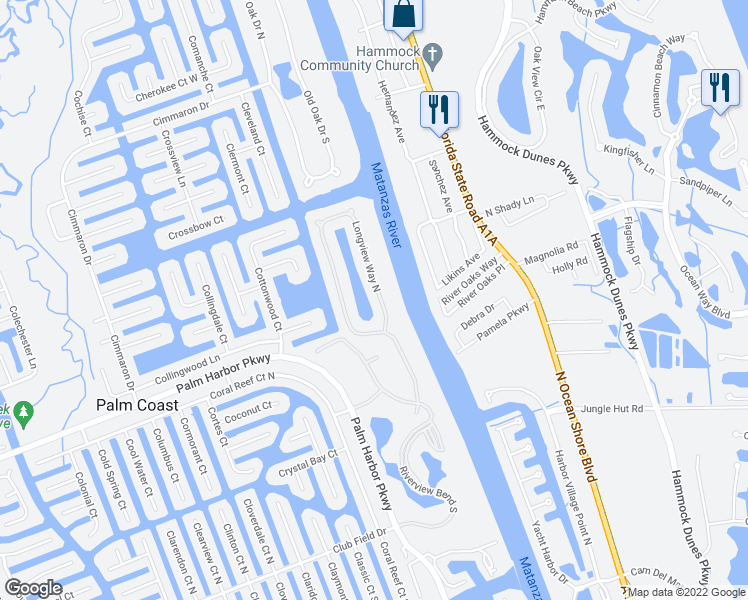 map of restaurants, bars, coffee shops, grocery stores, and more near 124 Longview Way North in Palm Coast