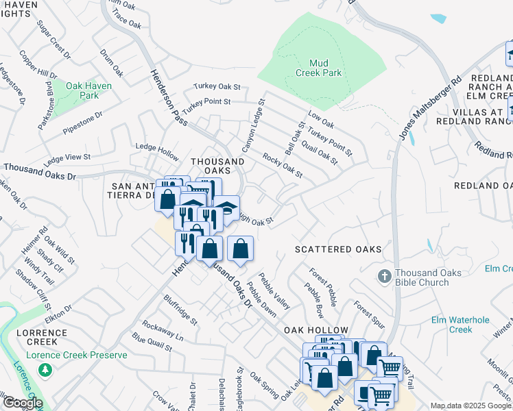 map of restaurants, bars, coffee shops, grocery stores, and more near 16100 Henderson Pass in San Antonio