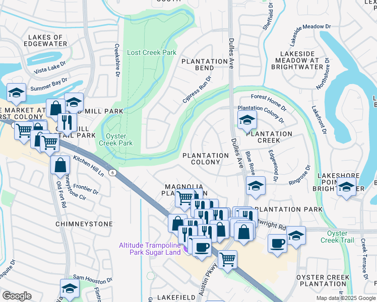 map of restaurants, bars, coffee shops, grocery stores, and more near 5014 Plantation Colony Drive in Sugar Land
