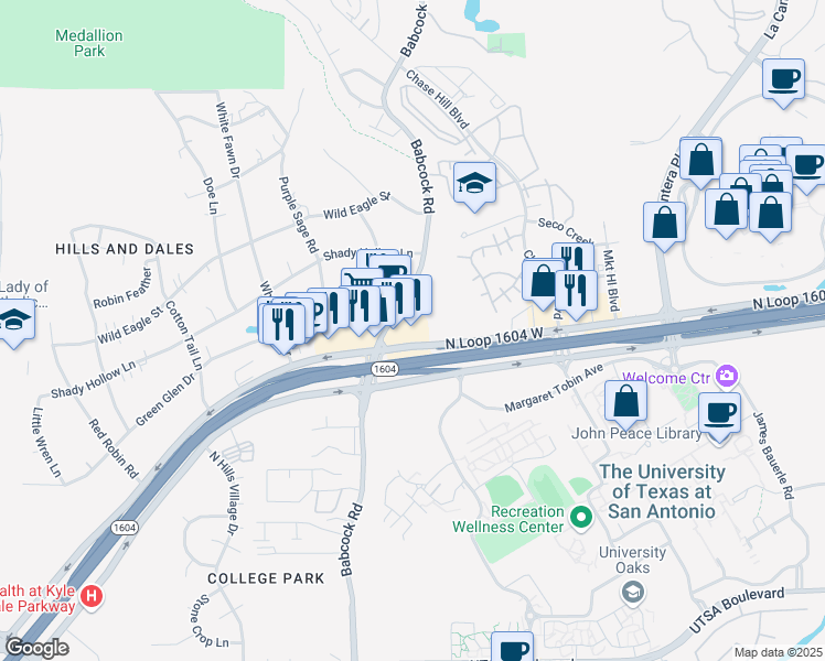 map of restaurants, bars, coffee shops, grocery stores, and more near 7257 North Loop 1604 West in San Antonio