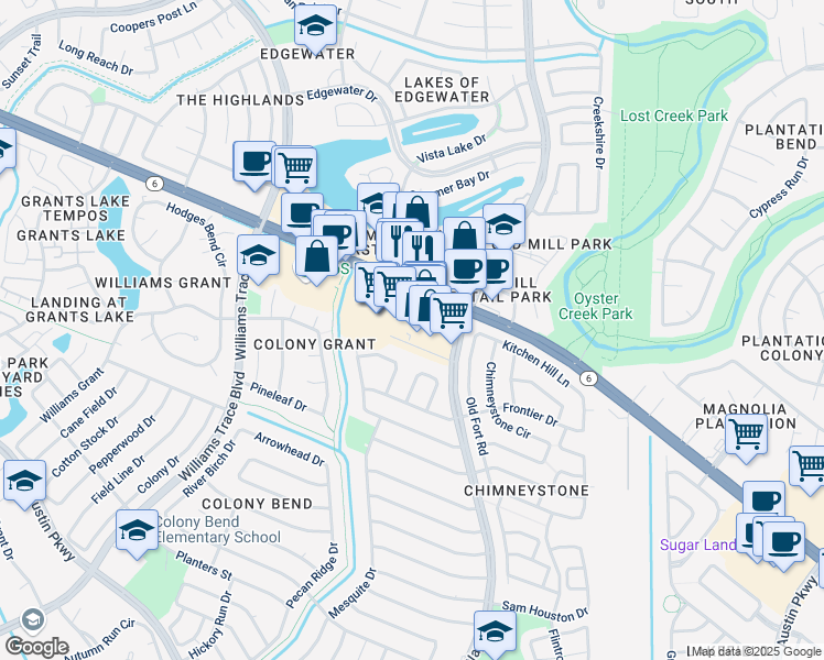 map of restaurants, bars, coffee shops, grocery stores, and more near 99 Highway 6 in Sugar Land