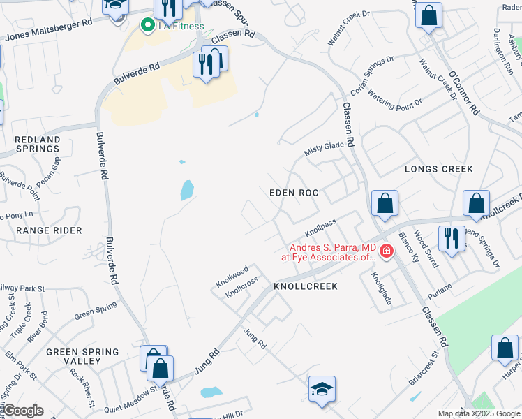map of restaurants, bars, coffee shops, grocery stores, and more near 16718 Stoney Glade in San Antonio