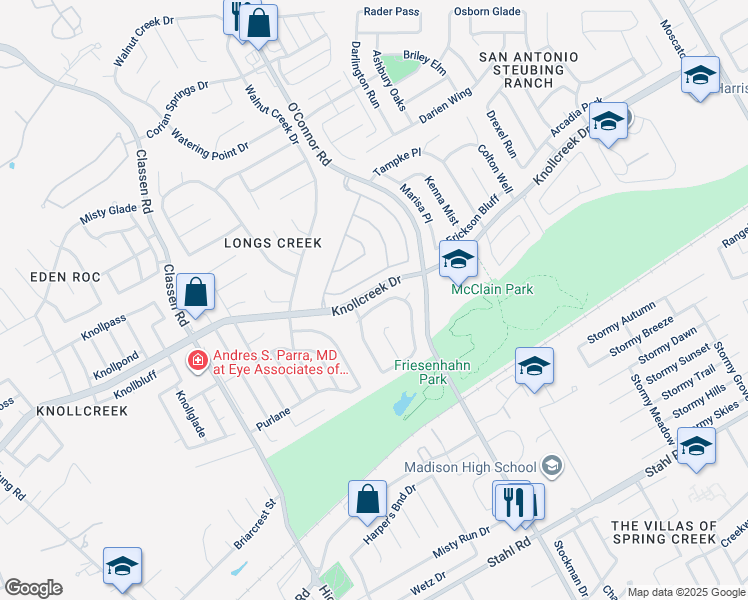 map of restaurants, bars, coffee shops, grocery stores, and more near 4933 Corian Well Drive in San Antonio