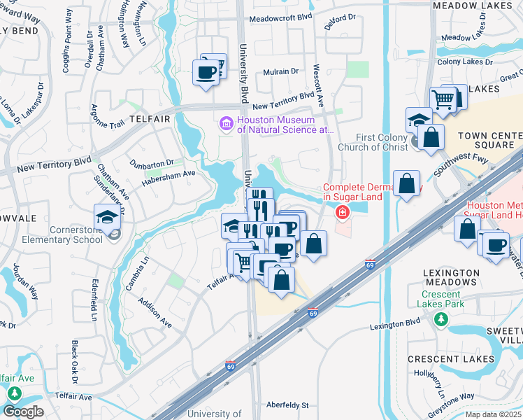 map of restaurants, bars, coffee shops, grocery stores, and more near 7417 Branford Place in Sugar Land