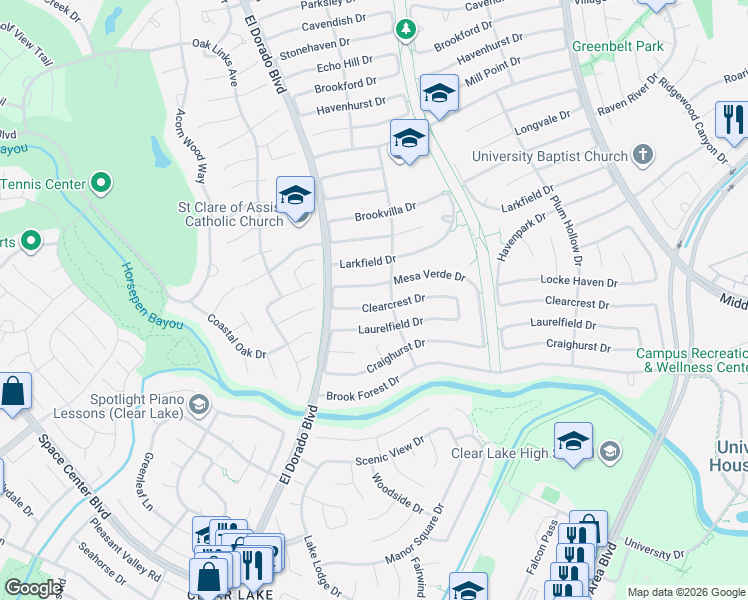 map of restaurants, bars, coffee shops, grocery stores, and more near 15715 Mesa Verde Drive in Houston