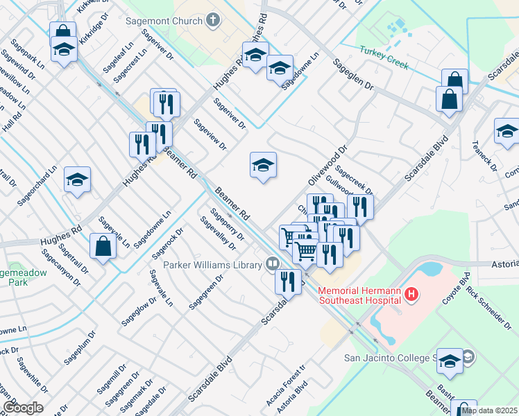 map of restaurants, bars, coffee shops, grocery stores, and more near 12355 Beamer Road in Houston