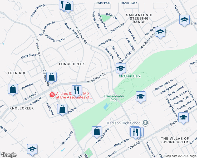 map of restaurants, bars, coffee shops, grocery stores, and more near 4933 Corian Well Drive in San Antonio