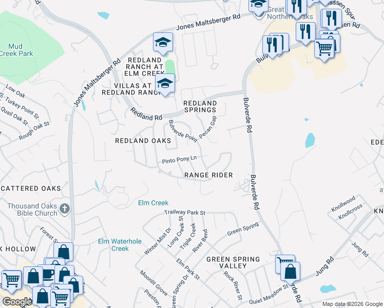 map of restaurants, bars, coffee shops, grocery stores, and more near 16406 Durango Creek Drive in San Antonio