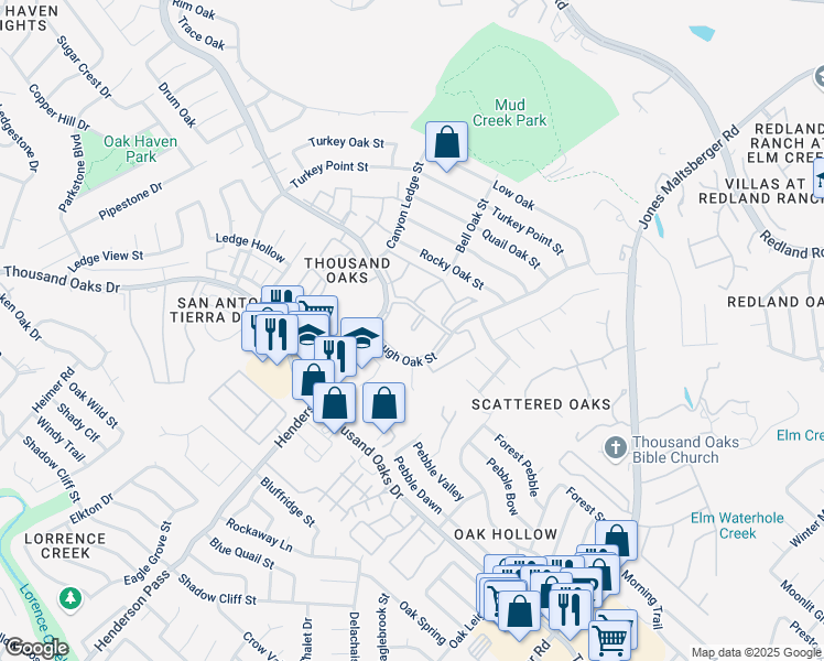 map of restaurants, bars, coffee shops, grocery stores, and more near 16100 Henderson Pass in San Antonio