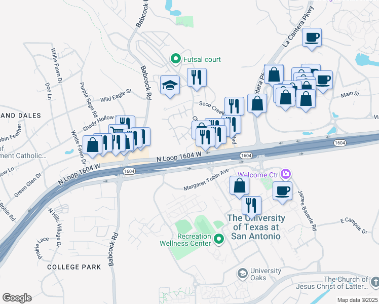 map of restaurants, bars, coffee shops, grocery stores, and more near 6919 North Loop 1604 West in San Antonio