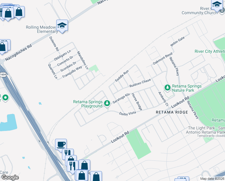 map of restaurants, bars, coffee shops, grocery stores, and more near 16423 Colts Bay in Schertz