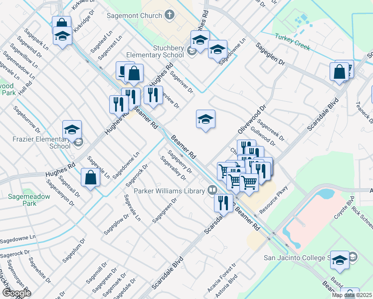 map of restaurants, bars, coffee shops, grocery stores, and more near 10900 Highland Meadow Village Drive in Houston