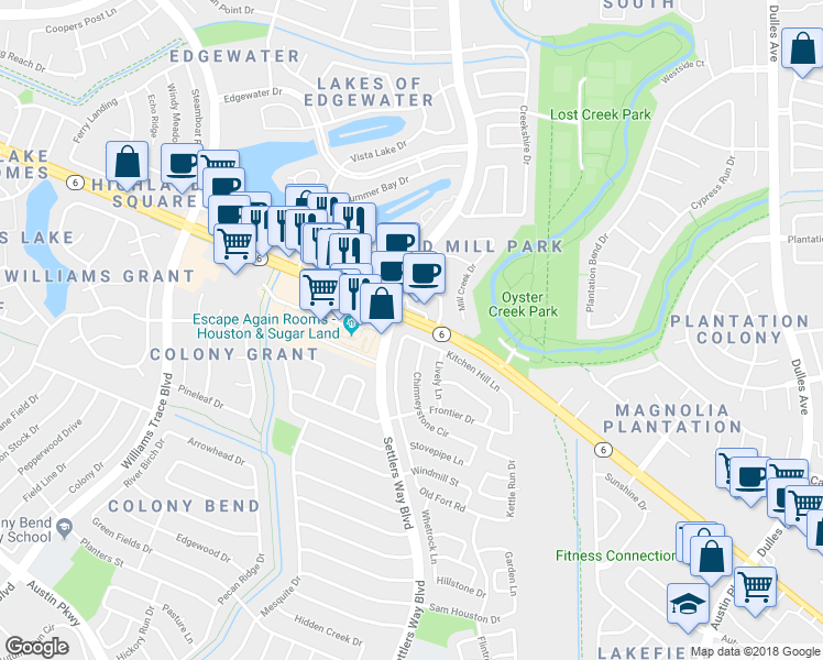 map of restaurants, bars, coffee shops, grocery stores, and more near 3811 Kitchen Hill Lane in Sugar Land