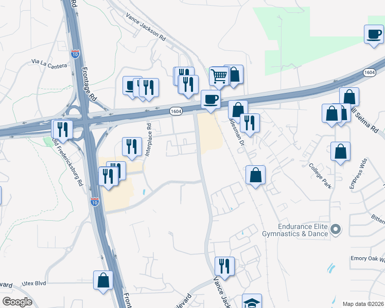 map of restaurants, bars, coffee shops, grocery stores, and more near 15510 Vance Jackson Road in San Antonio