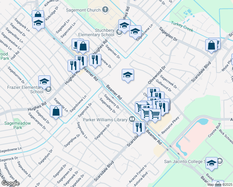 map of restaurants, bars, coffee shops, grocery stores, and more near 10922 Highland Meadow Village Drive in Houston