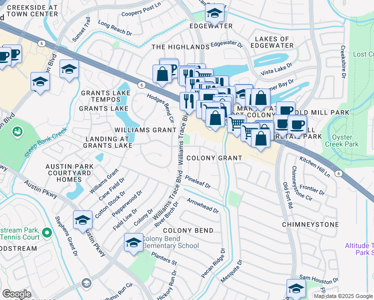 map of restaurants, bars, coffee shops, grocery stores, and more near 2519 Williams Grant in Sugar Land