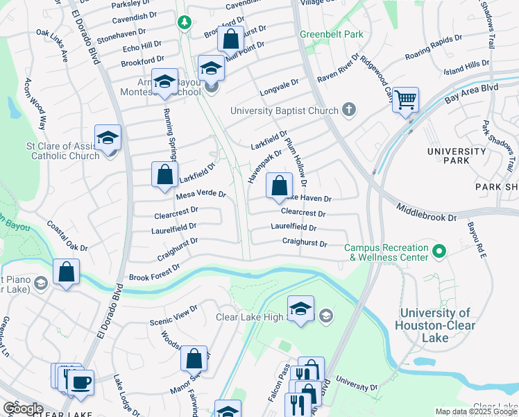 map of restaurants, bars, coffee shops, grocery stores, and more near 1630 Locke Haven Drive in Houston