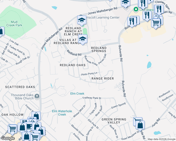 map of restaurants, bars, coffee shops, grocery stores, and more near 16411 Hornet Creek Drive in San Antonio