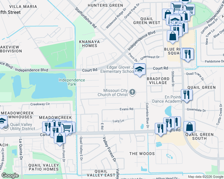 map of restaurants, bars, coffee shops, grocery stores, and more near 2207 Redcliff Drive in Missouri City