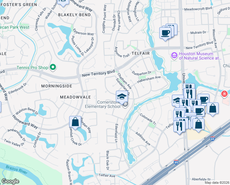 map of restaurants, bars, coffee shops, grocery stores, and more near 1419 Ravenel Lane in Sugar Land