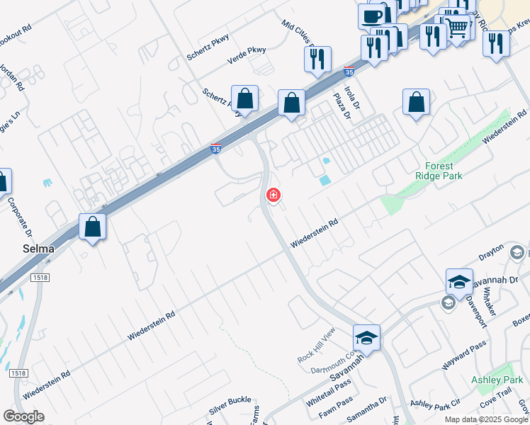 map of restaurants, bars, coffee shops, grocery stores, and more near 1759 Schertz Parkway in Schertz