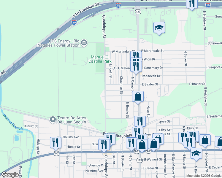 map of restaurants, bars, coffee shops, grocery stores, and more near 404 Harper Street in Seguin