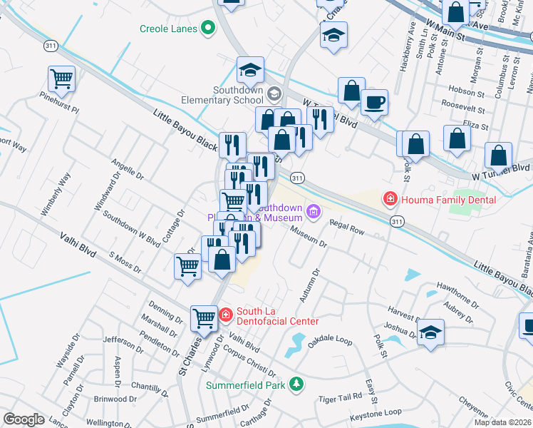 map of restaurants, bars, coffee shops, grocery stores, and more near 1230 Museum Drive in Houma