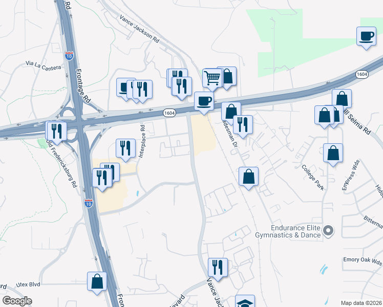 map of restaurants, bars, coffee shops, grocery stores, and more near 15510 Vance Jackson Road in San Antonio