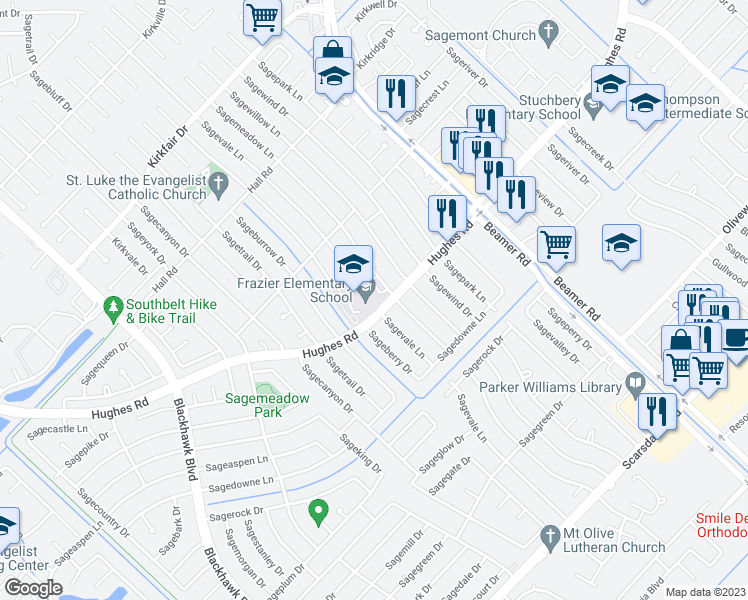 map of restaurants, bars, coffee shops, grocery stores, and more near 11131 Sagemeadow Lane in Houston
