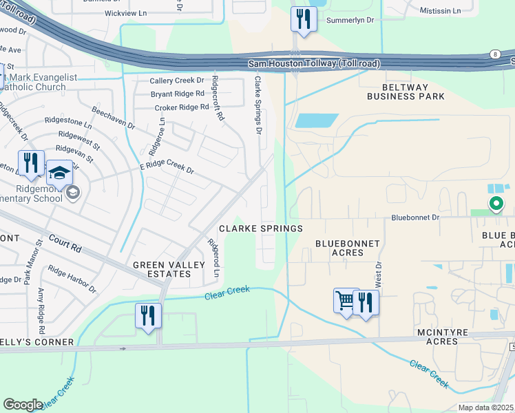 map of restaurants, bars, coffee shops, grocery stores, and more near 16034 Maladi Drive in Houston