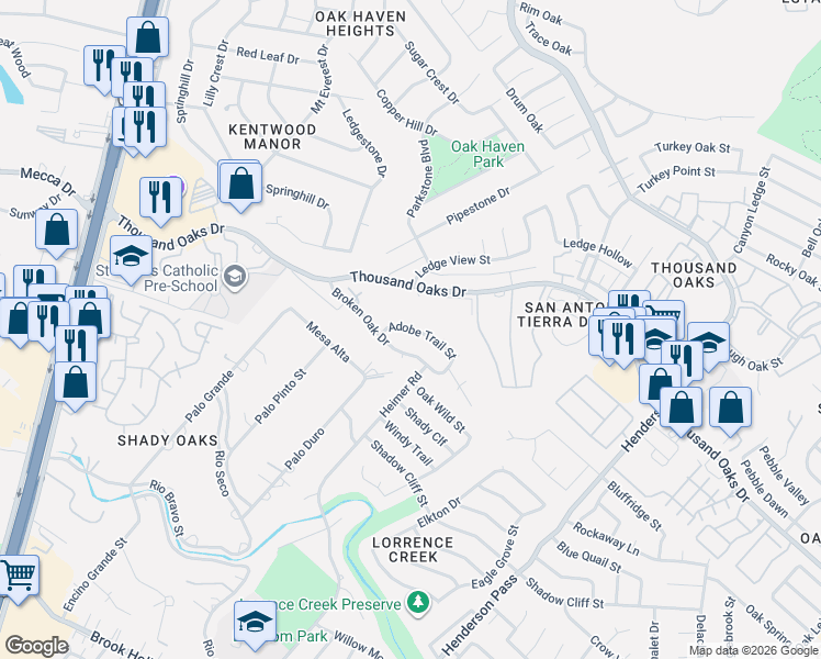 map of restaurants, bars, coffee shops, grocery stores, and more near 2009 Adobe Trail Street in San Antonio