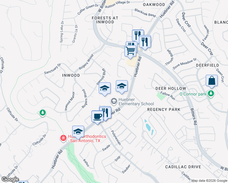 map of restaurants, bars, coffee shops, grocery stores, and more near 2526 Huebner Park in San Antonio
